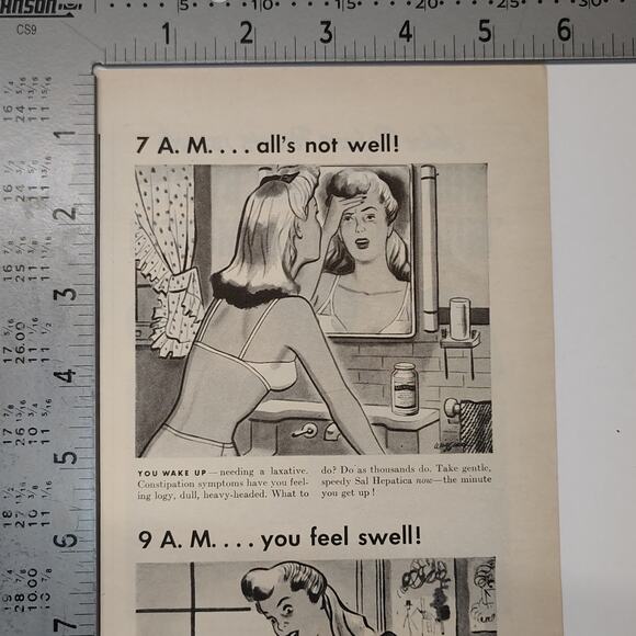 1943 Sal Hepatica Print Ad 7AM Not Well 9AM Swell Laxative Humor 1940s Ephemera - Picture 5 of 8